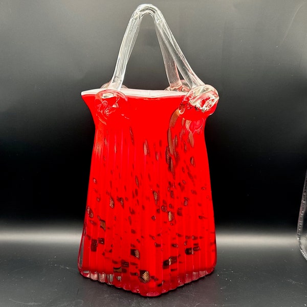 Stunning Hand Blown Glass Purse with applied handles, Red with Gold Fleck, Tote shaped and just super CUTE! - TALL!