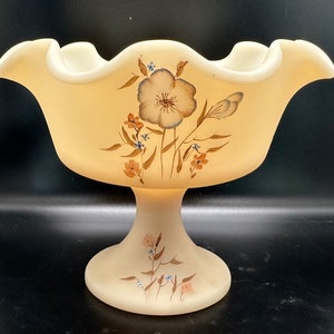 Vintage Fenton Ivory Custard Compote: Hand-Painted Floral Ruffled Dish