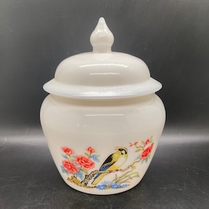 Vintage Avon Milk Glass Compote with Lid - Yellow Bird and Floral Design - Apothecary Jar