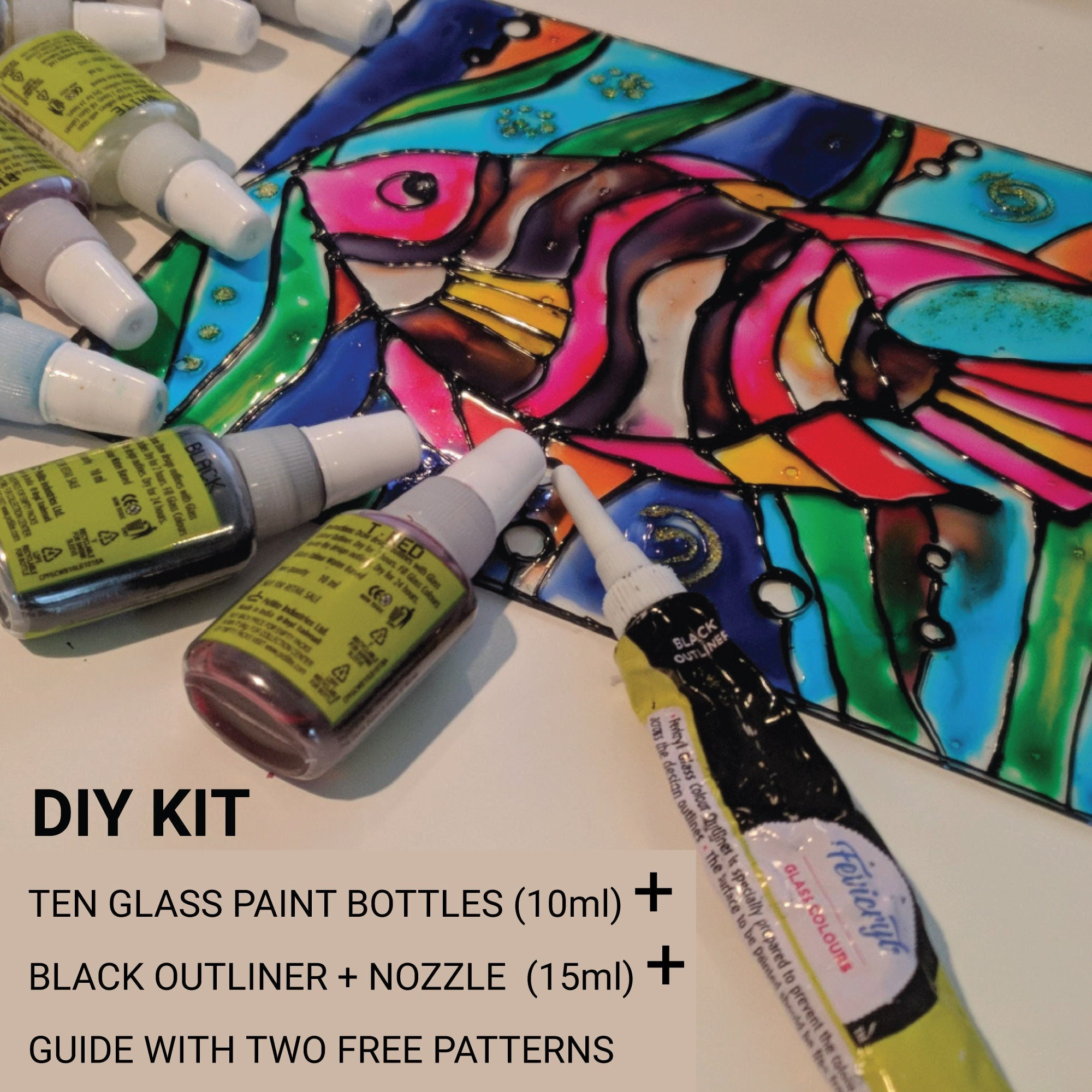 DIY Stained Glass Paint Kit With 10 Colors, Black Outliner Nozzles for Easy  Use. Step-by-step Guide, 2 Free Patterns Sunflower & Fish 6x8 -  Norway