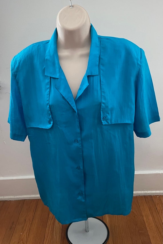 Vintage Queenie 100% pure silk baby blue blouse, … - image 1