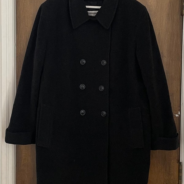 Vintage Marvin Richards black wool and cashmere double breasted lined pea coat, size 1X