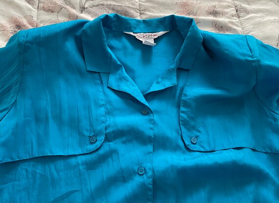 Vintage Queenie 100% pure silk baby blue blouse, … - image 3