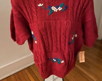 NWT vintage Chinawear floral embroidered red cable knit sweater, size M