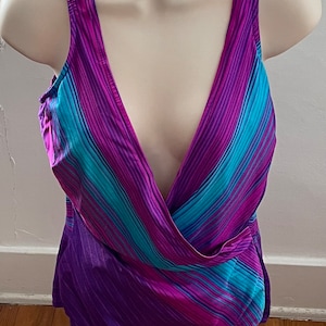Vintage Maxine of Hollywood one piece purple blue pink striped swimsuit, size M