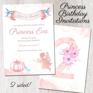 Invitaciones de cumpleaños de princesa rosa de dos caras