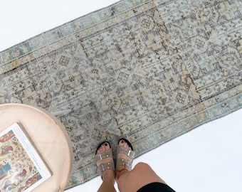 Hand-Knotted Wool Runner Rug: Vintage  Hallway Rug, 3'1 x 10ft