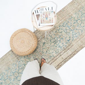 May include: A long, rectangular runner rug featuring a faded, intricate floral pattern in shades of muted teal, beige, and cream. The rug has a distressed appearance with a decorative border and a dense, woven texture throughout its entire surface.