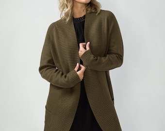 Long Merino Lambswool Cardigan knitted Wool Long Coat Women Long Coat - Grey & Olive