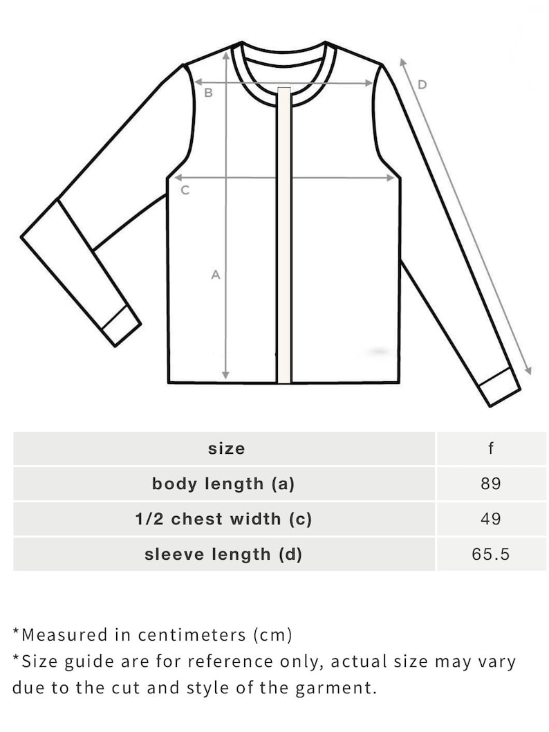 K&ouml;nnte beinhalten: Eine Strichzeichnung einer Jacke mit Ma&szlig;en f&uuml;r K&ouml;rperl&auml;nge, Brustweite und &Auml;rmell&auml;nge in Zentimetern. Die Ma&szlig;e sind: K&ouml;rperl&auml;nge 89 cm, Brustweite 49 cm und &Auml;rmell&auml;nge 65,5 cm.