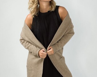 Merino Lammwolle Kaschmir Lange Strickjacke - Mittelbraun / Heide Elfenbein - ALS Australia