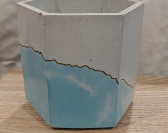 Hexagon concrete planter WITH drainage hole | 3.25" Blue/Grey with Gold Accent Concrete pot | Succulent planter pot