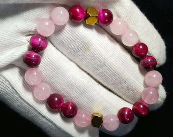 Pink Tiger Eye & Rose Quartz Beaded Bracelet with Hematite
