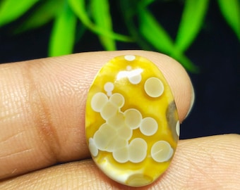 May include: Oval-shaped gemstone with a yellow base and a pattern of white, circular spots. The stone is held between fingers, with a blurred green background.