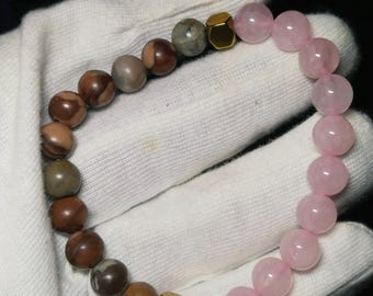 Rose Quartz & Jasper Beaded Bracelet, Handmade Stretch Fit