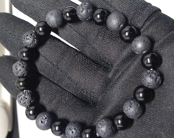 Bracciale da uomo con perline di pietra lavica e onice nera: gioielli con cristalli curativi