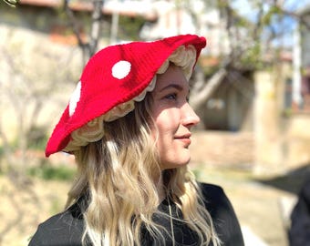 Custom Color Crochet Mushroom Hat: Red Ren Faire & Rave Festival DJ Hat