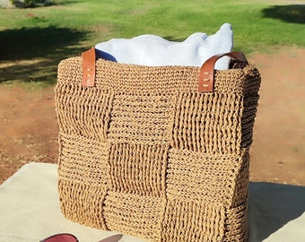 Crochet Straw Tote Bag, Woven Shoulder Bag with Leather Handle
