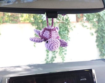 Purple Sea Turtle Rearview Mirror Charm, Crochet Car Decor, Cute Car Companion, Girly Car Charm, Coastal Car Accessory