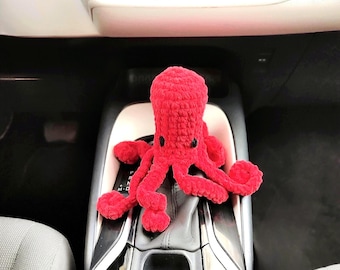 Crochet Octopus Car Accessories Set - Red Gear Shift Cover and Rear View Mirror Hanging Decor - Cute Kawaii Car Decorations for Her