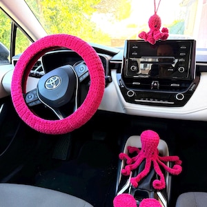 Pinkfarbenes Auto-Deko-Set, Lenkradbezug-Set, pinkfarbenes Autozubehör, Schaltknaufbezug, Geschenkideen für Auto-Fans, Autozubehör für Frauen