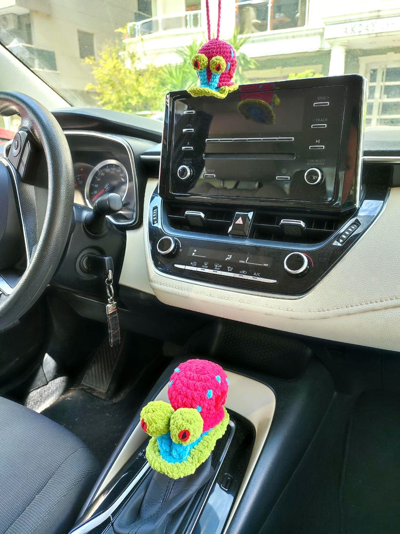 Pu&ograve; includere: Interno auto con cruscotto e cambio. Un accessorio per auto a forma di lumaca all'uncinetto rosa e blu &egrave; appeso allo specchietto retrovisore. Un'altra lumaca all'uncinetto rosa, verde e blu &egrave; sul cambio.