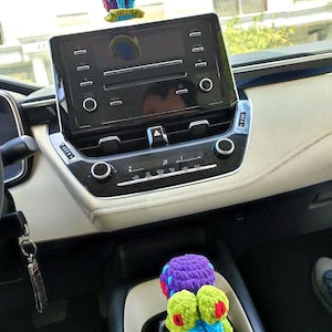 Pu&ograve; includere: Interni auto con accessori all'uncinetto. Un profumatore per auto a forma di lumaca viola e blu &egrave; appeso allo specchietto retrovisore e una copertura a forma di rana verde, blu e rossa &egrave; sul cambio. Lo schermo &egrave; nero.