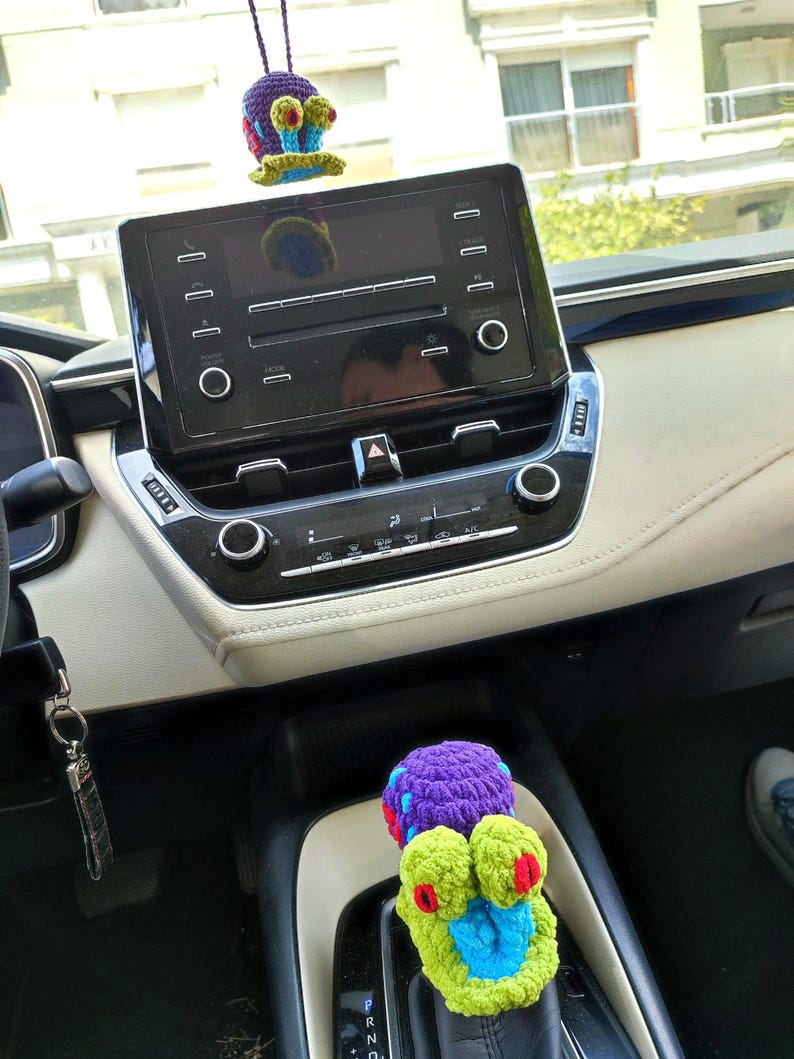 Pu&ograve; includere: Interni auto con accessori all'uncinetto. Un profumatore per auto a forma di lumaca viola e blu &egrave; appeso allo specchietto retrovisore e una copertura a forma di rana verde, blu e rossa &egrave; sul cambio. Lo schermo &egrave; nero.