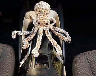 Handmade Octopus Gear Shift Cover: Beige Velvet Crochet Car Accessory, Aesthetic Shift Knob Hoodie, Quirky Gear Shifter Decor for Car Lovers