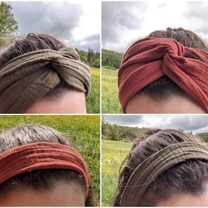 Musselin-Haarband zum Selbstbinden kurz oder lang rostrot oder khaki oliv Haaraccessoire Bandana Turban Musselinhaarband im Boho-Stil Bild 1