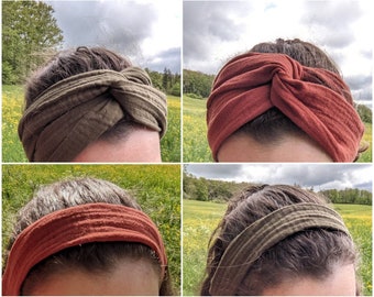 Musselin-Haarband zum Selbstbinden kurz oder lang - rostrot oder khaki oliv - Haaraccessoire Bandana Turban Musselinhaarband im Boho-Stil