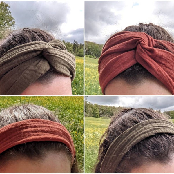 Musselin-Haarband zum Selbstbinden kurz oder lang - rostrot oder khaki oliv - Haaraccessoire Bandana Turban Musselinhaarband im Boho-Stil