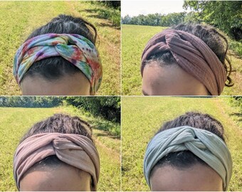 Musselin-Haarband zum Selbstbinden - lang - Batik bunt, blassblau, pastellrosa, rosenholz - Bandana Turban Musselinhaarband im Boho-Stil