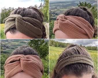 Musselin-Haarband zum Selbstbinden kurz oder lang - khaki und haselnuss - Haaraccessoire Bandana Turban Musselinhaarband Boho