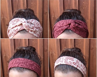 Musselin-Haarband Bio zum Selbstbinden kurz oder lang - cremeweiß Paisley Muster und bordeaux Rankenmuster - Bandana Boho Musselinhaarband