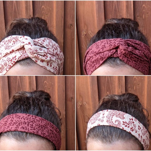 Musselin-Haarband Bio zum Selbstbinden kurz oder lang - cremeweiß Paisley Muster und bordeaux Rankenmuster - Bandana Boho Musselinhaarband