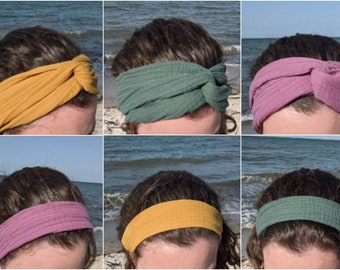 Musselin-Haarband Bio zum Selbstbinden kurz oder lang - meergrün, senfgelb, dusty purple - Stirnband Bandana Turban Boho, Musselinhaarband