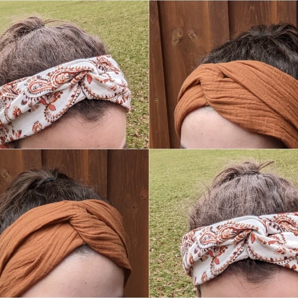 Musselin-Haarband zum Selbstbinden, langes Haarband - karamell braun oder Paisley Muster rost - Bandana Boho Musselinhaarband