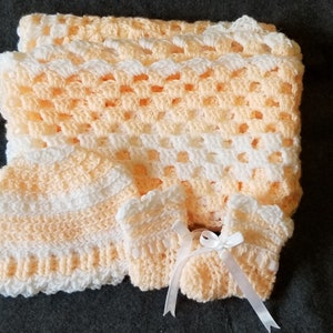 Baby Blanket Set - Peach/White Baby Granny Square Afghan with Hat & Bootie Set