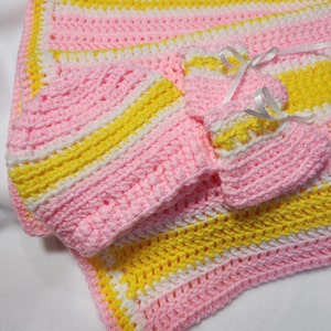 Baby Blanket Set - BRIGHT Crochet  Afghan with Hat and Bootie set in Pink/Yellow/White