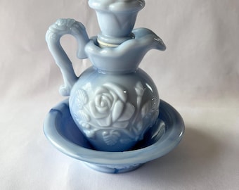 Vintage 1978 Avon Victoriana Blue Marbled Slag Milk Glass Mini Pitcher
