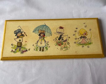 Vintage Holly Hobbie Style Girls Litho Print Plaque – 1971 Wall Art