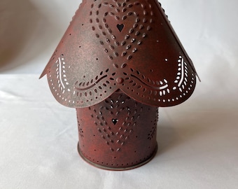 Rare Vintage Farmhouse Punched Tin Candle Holder With Illuminating Heart Design