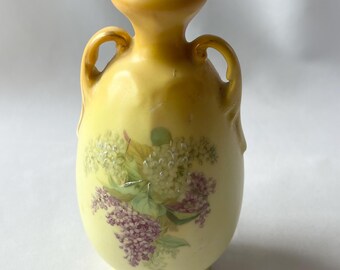 Vintage Bisque Small Double Handled Bud Vase with Hand Painted Lilac Flowers