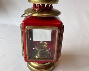 Vintage Decorative Red And Gold Brass Carriage Style Oil Lantern 1960s