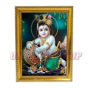 Bal Krishna in Photo Frame Bal Gopal playing flute, Govinda in Vrindavan, Hindu god print, Hare Krishna