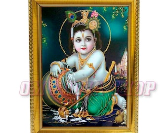 Bal Krishna in Photo Frame Bal Gopal playing flute, Govinda in Vrindavan, Hindu god print, Hare Krishna