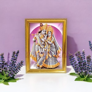 Lord Radha Krishna Photo Frame, Wooden Photo Frame, God Krishna Printed Picturm, Religious Framed Photo for Wall and Pooja Room OmPoojaShop
