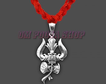 Ciondolo Trishul in argento sterling: medaglione Lord Shiva Trident Damroo - Om Pooja Shop