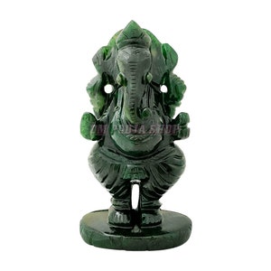 Standing Ganesha ji Idol in Green Jade Gemstone - 4.5 inch Ganesha God of Intelligence Good Luck Healing Crystal Stone